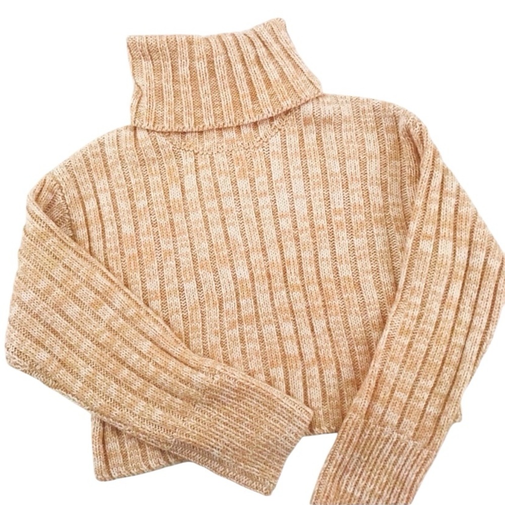 Urban Outfitters Cropped Turtleneck Sweater Women’s Small Tan White Chunky Knit